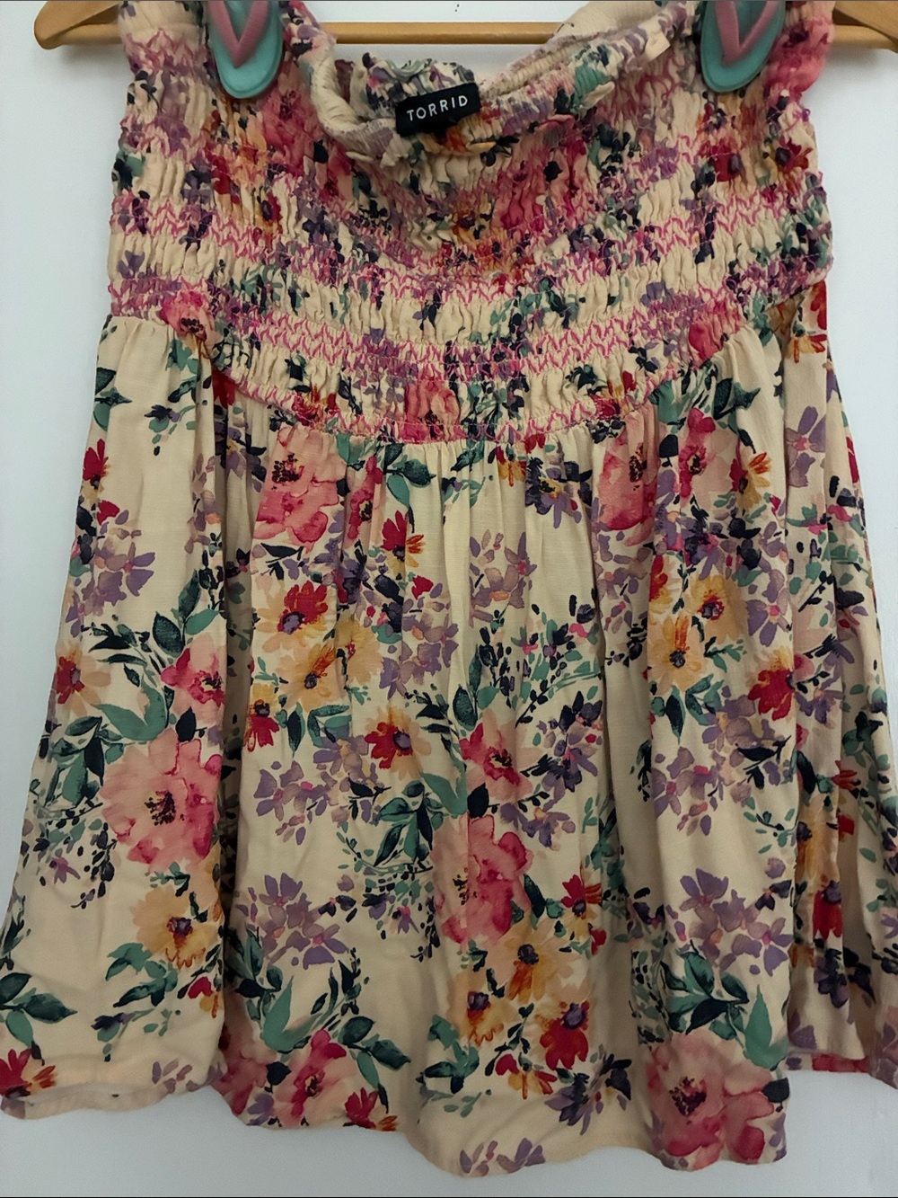 torrid Cream Floral Smocked Skater top with Pink, Purple & Green Accents